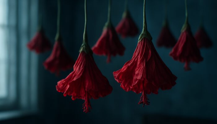 Crimson hibiscus flowers hanging upside down to air dry in a shadowy room