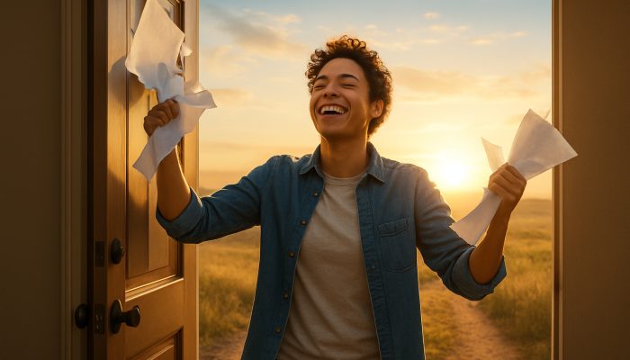 Relieved person tearing debt bills steps through open door into sunlit horizon for new beginnings.