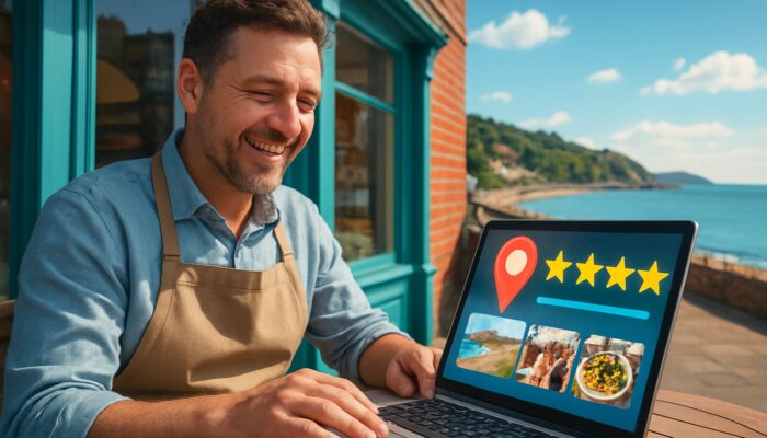 Torbay shop owner updating Google Business Profile on a laptop with a coastal backdrop