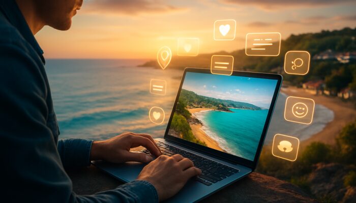 Digital marketer optimising meta tags for a Torbay tourism website on a laptop amid scenic beaches and icons