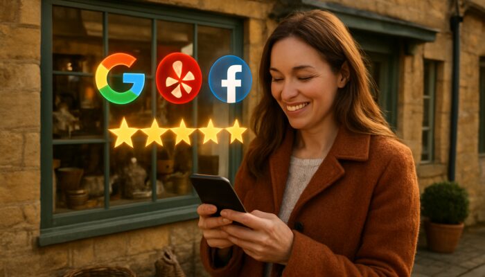 Happy customer shares five-star review on phone in Moreton-in-Marsh shop with Google, Yelp, and Facebook icons