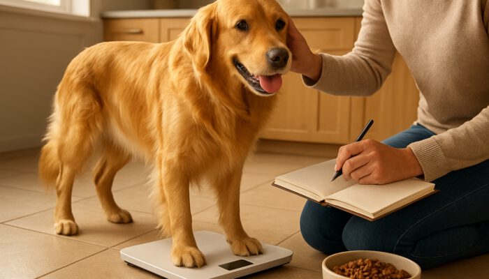 Owner weighing an energetic golden retriever on a scale while examining its coat in a sunlit kitchen
