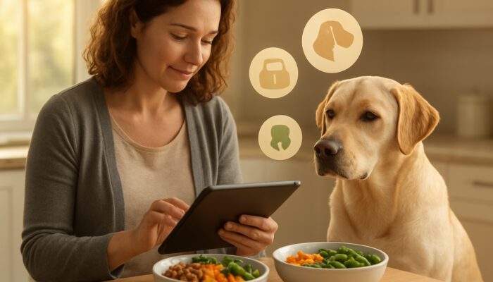 Owner reviewing health data for a Labrador on a tablet beside tailored nutrition bowls in the kitchen