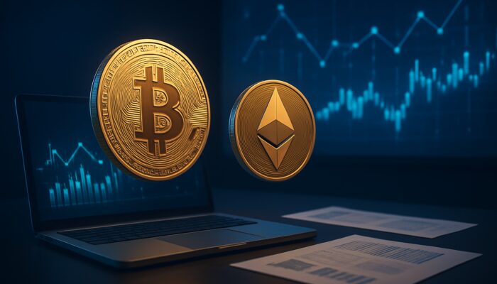 Digital workspace with floating Bitcoin, Ethereum coins, tax forms, and glowing blockchain charts for crypto tax reporting.