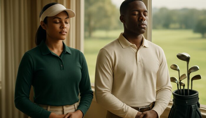 South African golfers practising focused breathing in an elegant clubhouse overlooking lush fairways