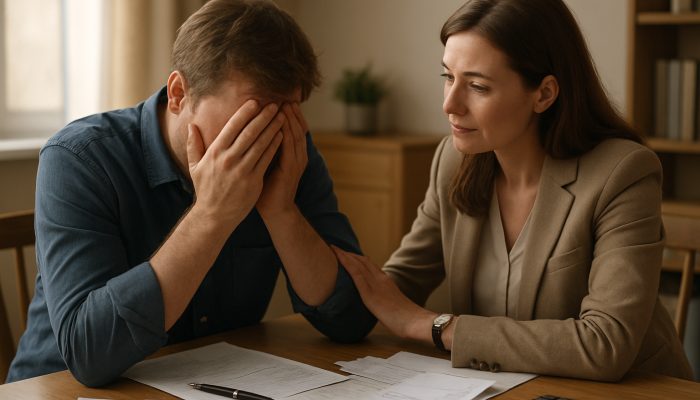Telling a Debt Adviser About Gambling Issues: Get UK Advice | DCL Stressed man discussing gambling debts with compassionate female debt adviser in UK office.