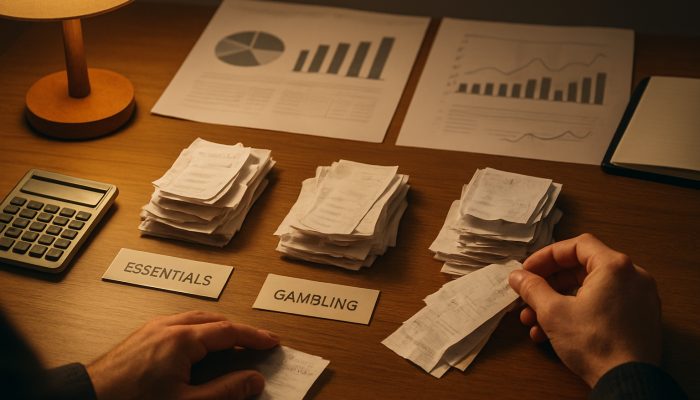 Telling a Debt Adviser About Gambling Issues: Get UK Advice | DCL Person sorting receipts into essentials and gambling piles with budget charts and debt adviser nearby