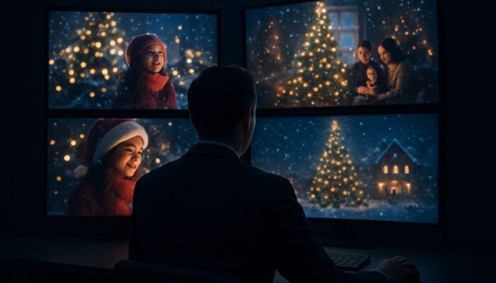 A strategist analysing competitors' festive holiday video campaigns and metrics on glowing screens in a dark room.