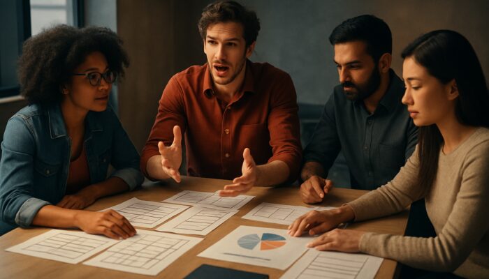 A diverse creative team planning a brand video with storyboards and budget charts in cinematic light.