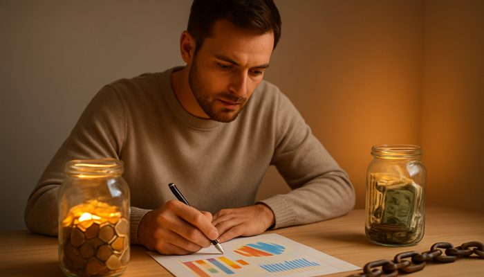 Avoiding Running Back to Quick Cash Loans: Key Tips | DCL Focused individual assessing vibrant expense charts and income graphs at a desk with illuminated savings jars