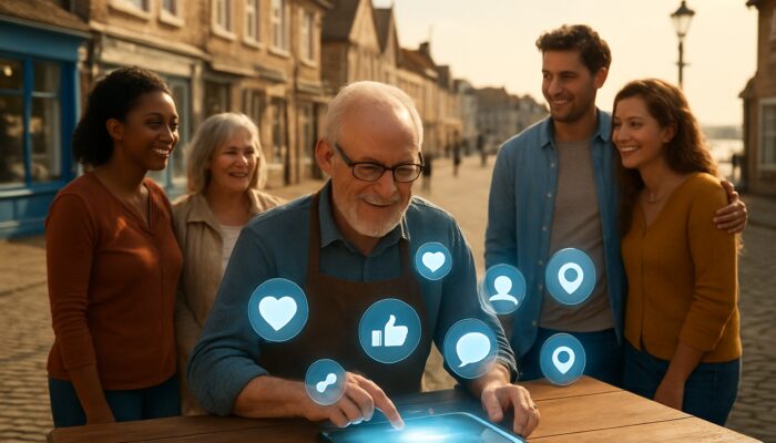 Wareham shopkeeper using glowing tablet with social media icons in sunny coastal square