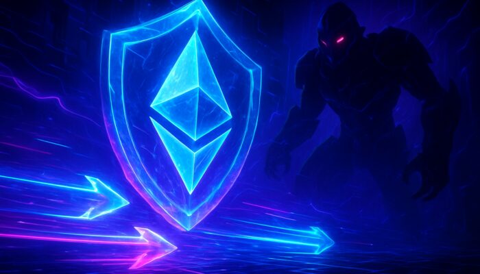 Futuristic arena with radiant Ethereum transactions shielded by crystalline armour from malicious MEV bots in vibrant blues and purples.