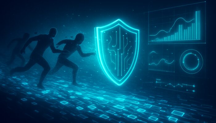 Digital shield preventing MEV front-runners from blockchain transactions with holographic resilience metrics in a neon void