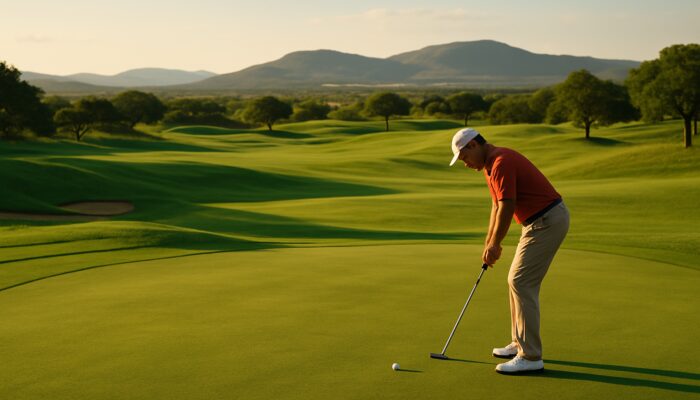 Golfer adjusting putt on lush rolling greens at sunlit South African highveld course with distant hills.