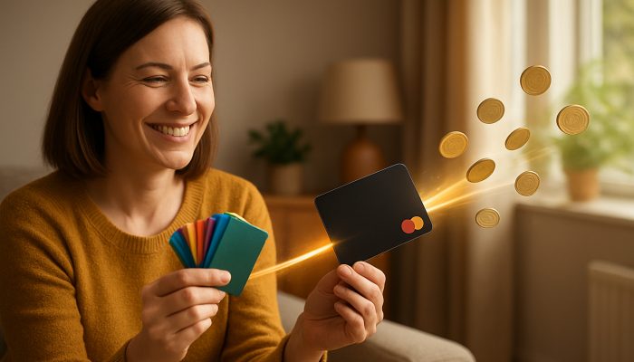 Combining Store Cards Into One Payment: Simplify Finances | DCL Smiling British shopper merges colourful store cards into one sleek low-interest card with flowing coins in cozy UK living room.